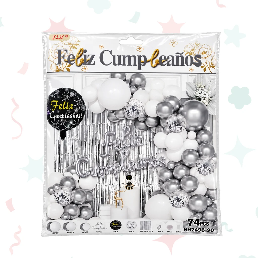 Kit de globos metalizados Plateado-Blanco y Feliz Cumpleaños+Lluvia (74 piezas)