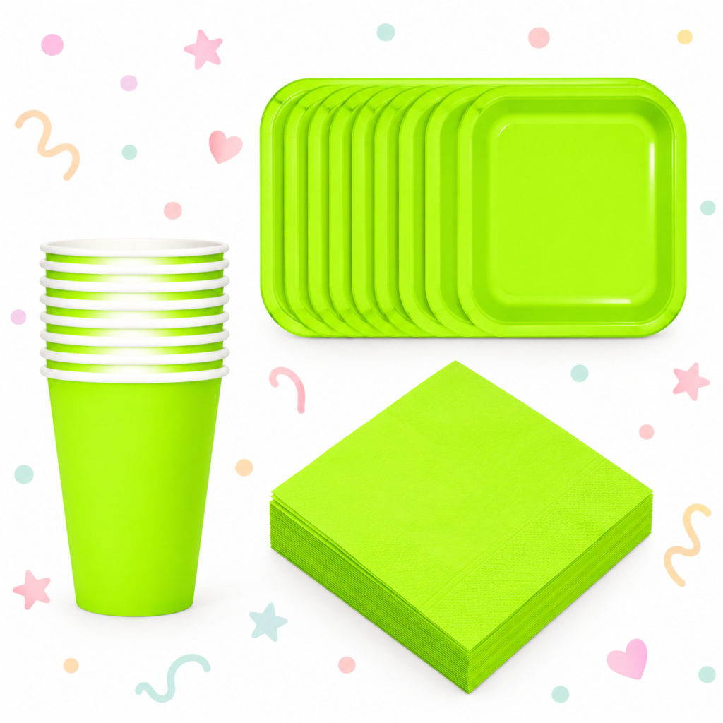Kit descartable en polipapel verde Fluo X 8 vasos 266 CC, 8 platos y 20 servilletas